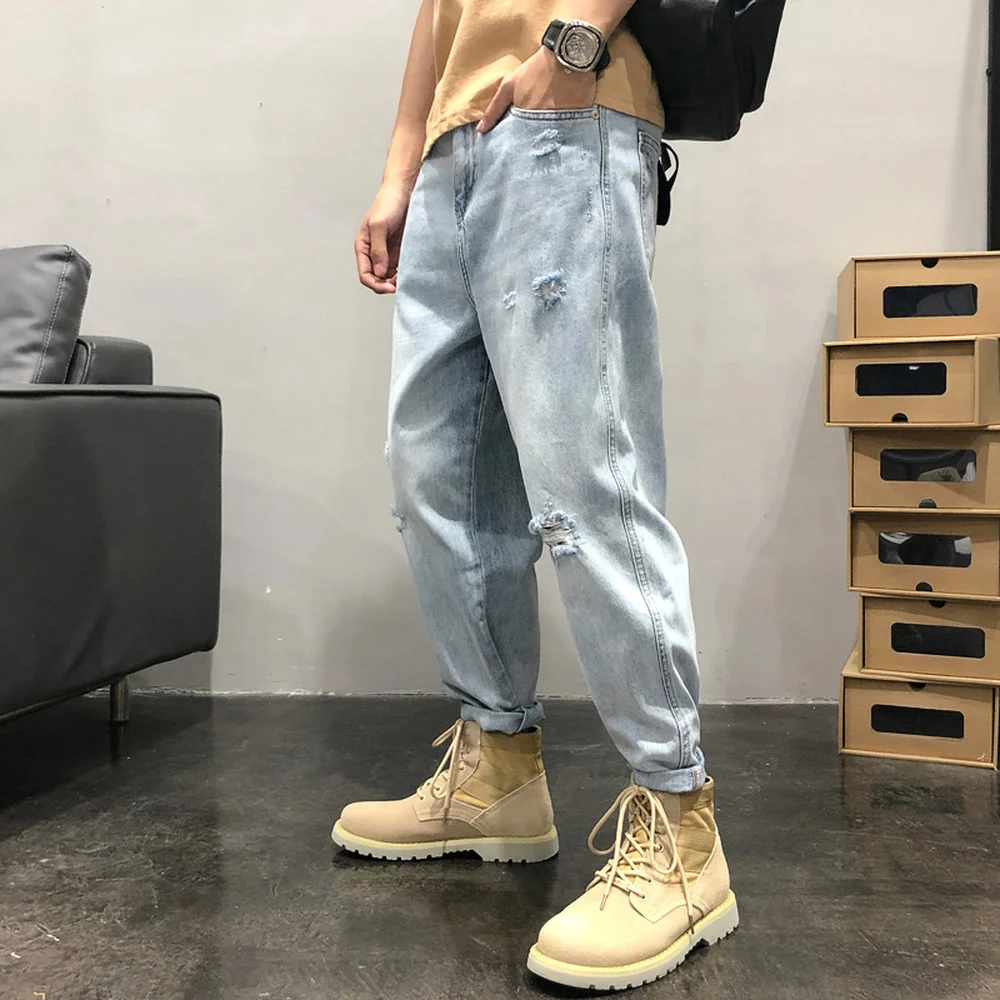 Light-colored 9-point Jeans Men Loose Hole Trend Wild Casual Pants Boys Nine-point Pants Spring Thin Section Denim Jean Ripped