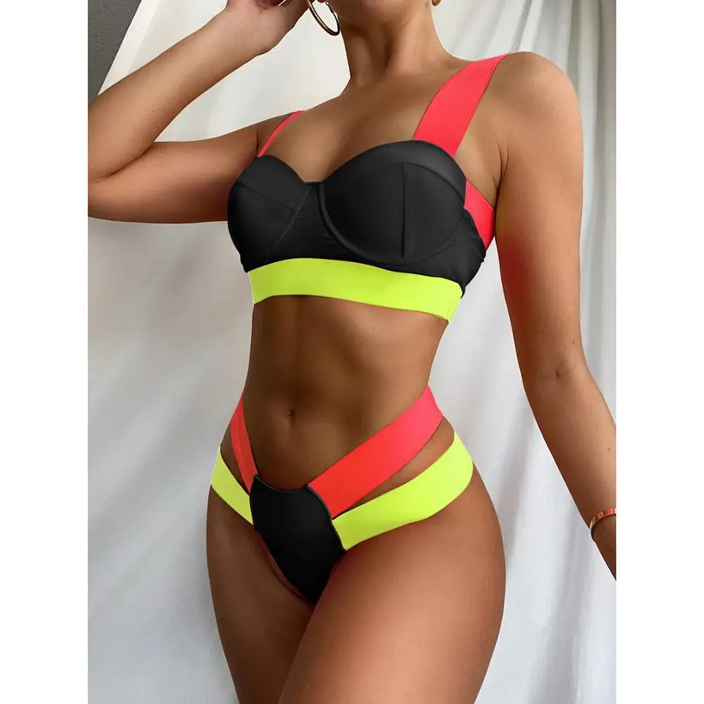 

2021 New Sexy Bikini Black Push Up Swimsuit Women Swimwear Splicing Bathing Suit Beach Swimming Suit