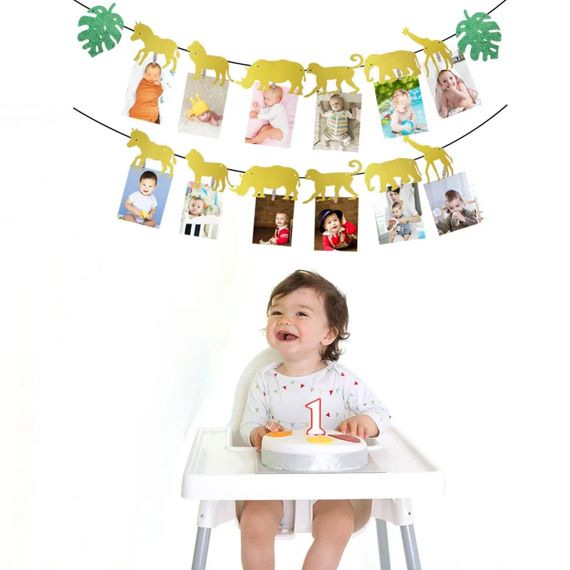 

JQSYRISE Jungle Safari Animal Photo Banner Happy Birthday Party Decor Baby Shower Boy Girl 1st Birthday Bunting Garland Supplies