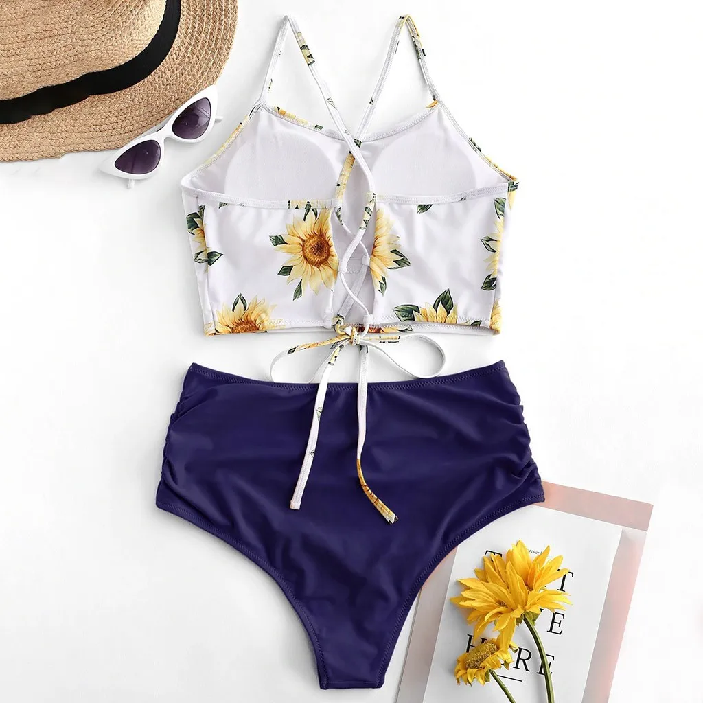 Летний женский бикини сексуальный купальный костюм с принтом высокая талия