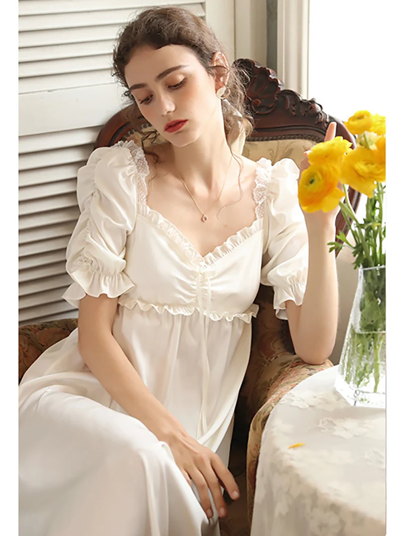 

Women Summer Satin Night Dress French Lace Ruffle Backless Vintage Nightgowns Peignoirs Ladies Fairy Dress Princess Sleepwear