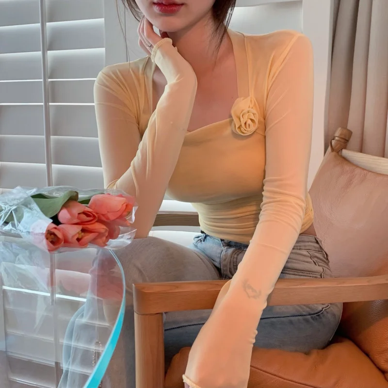 

TVVOVVIN Design Sense Square Neck T-shirt Women Winter Autumn Korean Slim Thin Long Sleeve Solid Color Top Tees Yellow WW7