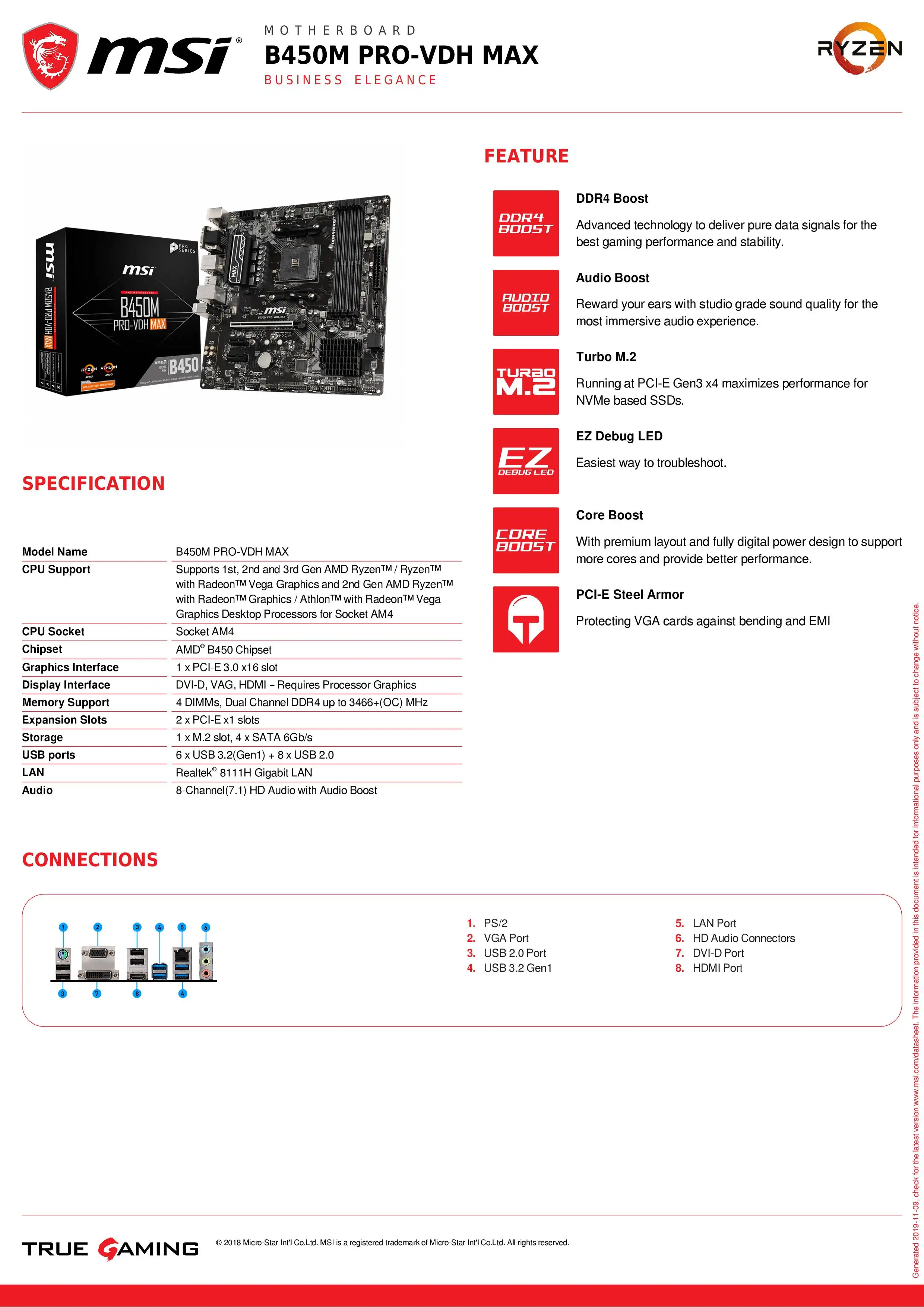 Системная плата msi B450M-PRO-VDH-MAX AMD ryzen с поддержкой 3-го поколения am4 M.2 ssd USB3.1 ddr4 VGA DVI HDMI Micro-ATX b450 материнская плата