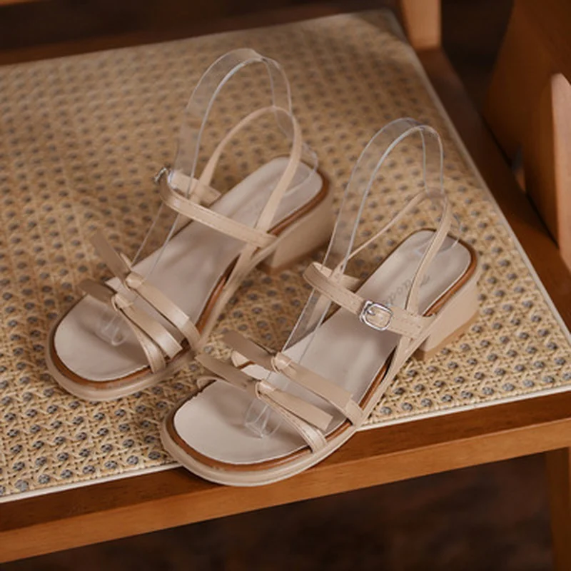 

2021 Summer Sandals Women's New Thick Heel Mid-Heel Bow Korean Version of The Word with Roman Fashion Sandals Women