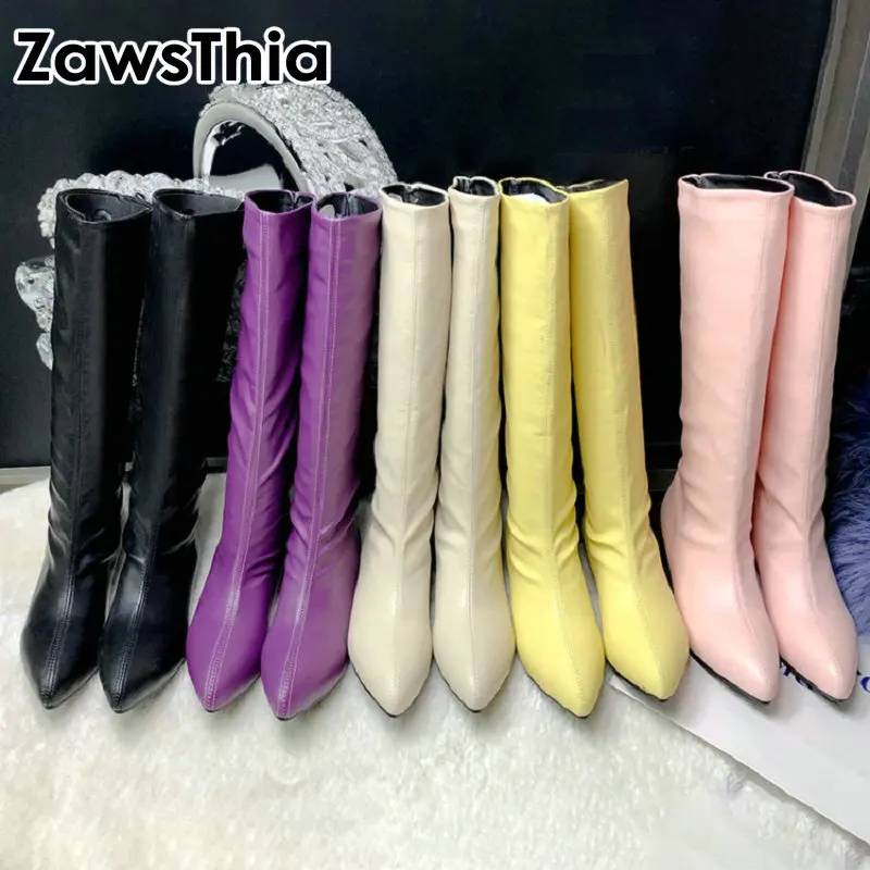 ZawsThia winter autumn yellow purple pink woman boots pointed toe low square heels mid-calf boots for women big size 34-48