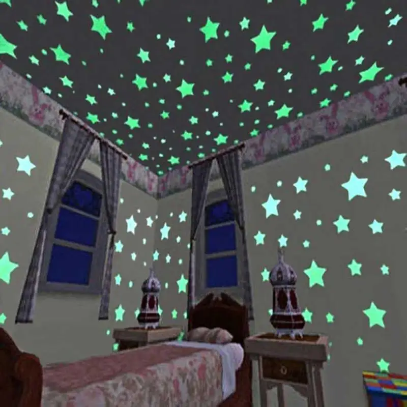50PCS 3D Star and Moon Energy Storage Fluorescent Glow In the dark Luminous on Wall Stickers for Kids Room living room | Дом и сад