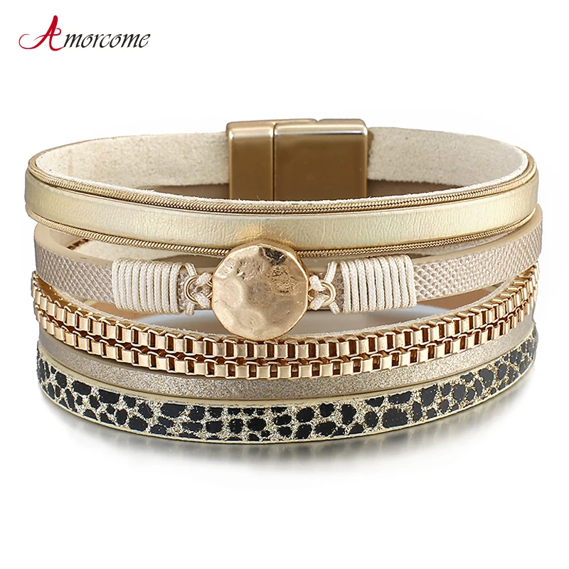 Amorcome из змеиной кожи кожаные браслеты нержавеющей стали для женщин 2020 модный