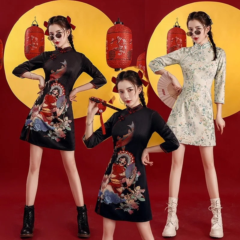 

National Tide Cheongsam Young Modern Style 2021 Improve Chinese New Year Style Printing Dress Drama Streetwear Retro Short Qipao