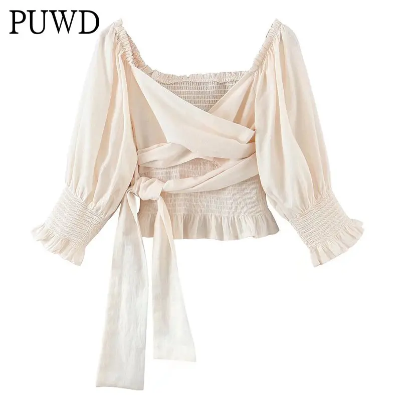 

PUWD Elegant Women Long Sleeve Blouses 2022 Spring Fashion Ladies Satin Ligature Streetwear Shirts Sweet Girls Chic Short Tops