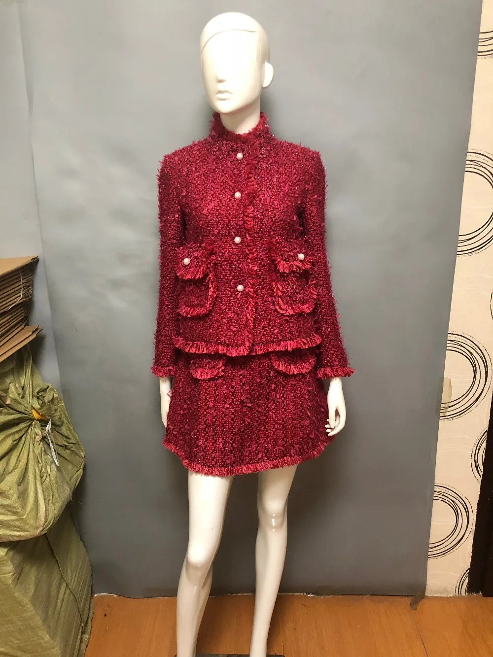 

Женское твидовое мини-платье с красной лентой, облегающее платье с бахромой на осень и зиму