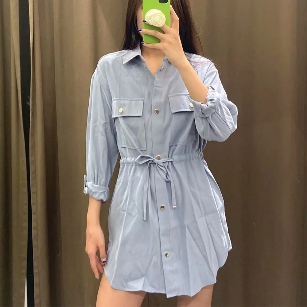 

2021 Za New Women Fashion Solid Color Verticality Jacket Coat Vintage Button-up Waist Drawstring Female Outerwear Chic Tops