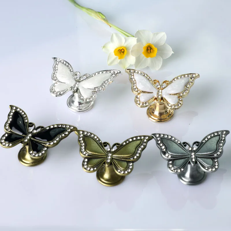 

Fashion Creative silver gold bronze butterfly furniture handle clear crystal black white drawer shoe cabinet cupboard knob pull