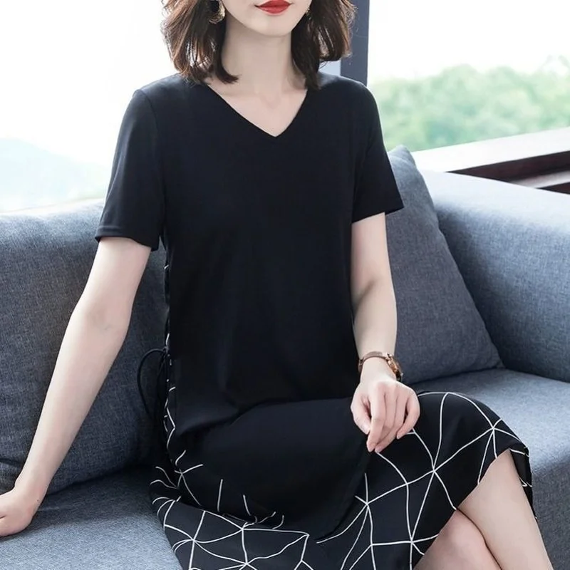

Plus Size Women Clothing Short-sleeve Chiffon Patchwork Runway Dress Women 2021 Summer Loose Party Midi Dresses Vestidos Y882