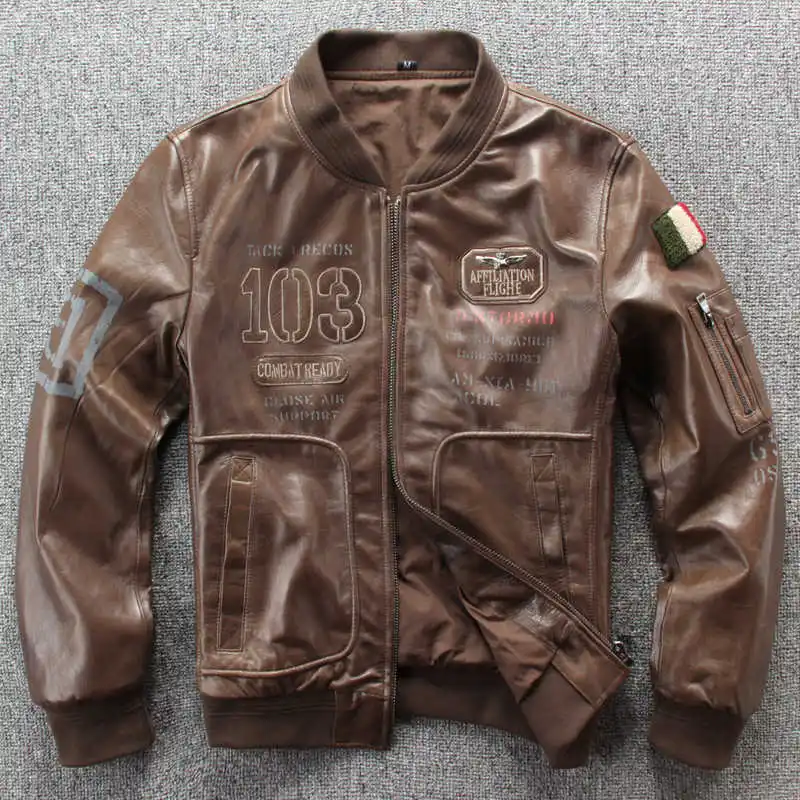 

2021 New Men Spring/Autumn A2 Pilot Jackets Indian Pattern Genuine Sheepskin Leather Jacket 100% Real Oil wax bomber jacket