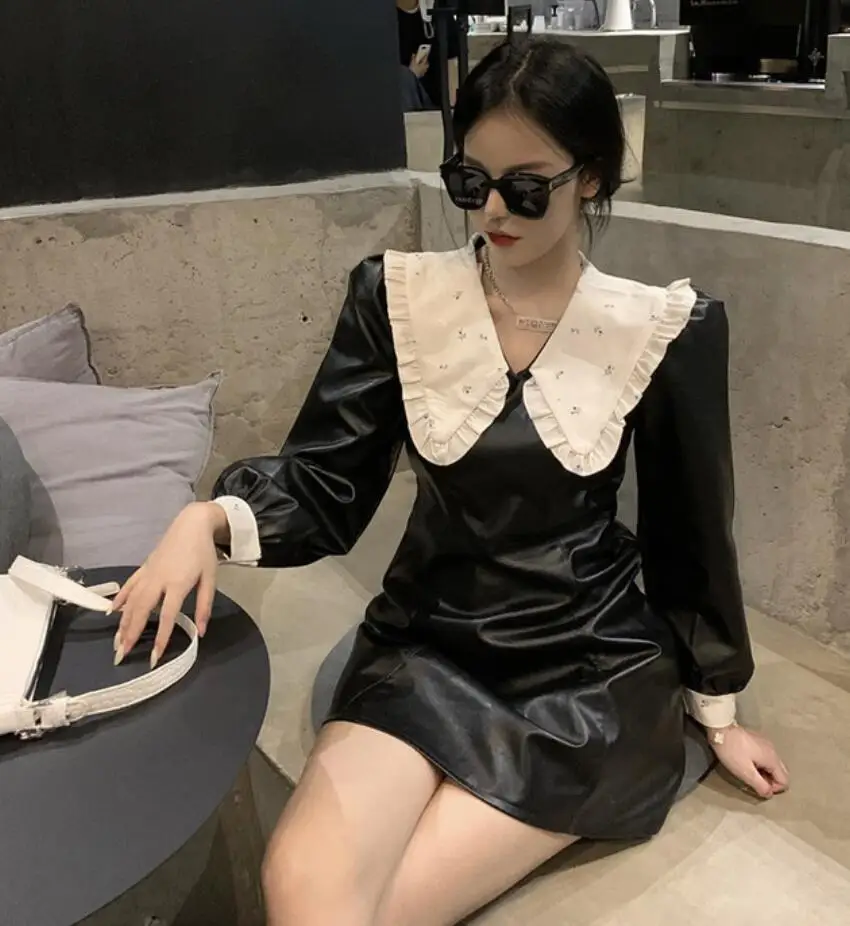 

Autumn Fashion PU Leather Dress Women Sweet Peter Pan Collar Puff Sleeve Slim A-Line Dress s253