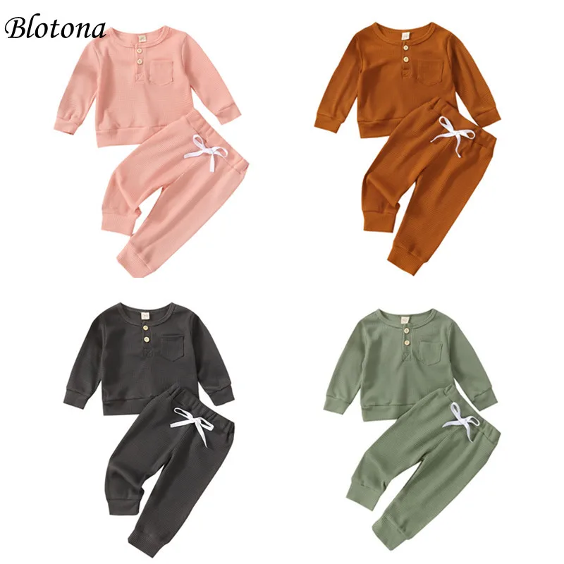 

Blotona Baby Waffle T-shirt and Trousers Set Fashion Solid Color Button Long Sleeve Tops and Long Pants for Spring Fall 0-3Years