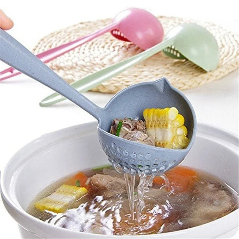 

2 In 1 New Soup Spoon Long Handle Kitchen Strainer Solid Color Cooking Colander Kitchen Scoop Plastic Tableware Colander Hot
