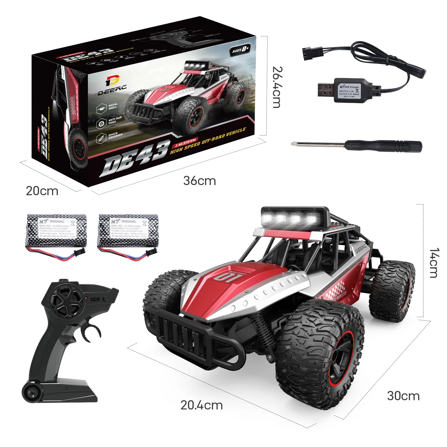 DEERC DE43 Remote Control Car RC Cars 1:14 Scale 2.4Ghz All Terrain Metal Shell Monster Hobby Truck with LED Lights&amp 2 Recharge | Игрушки
