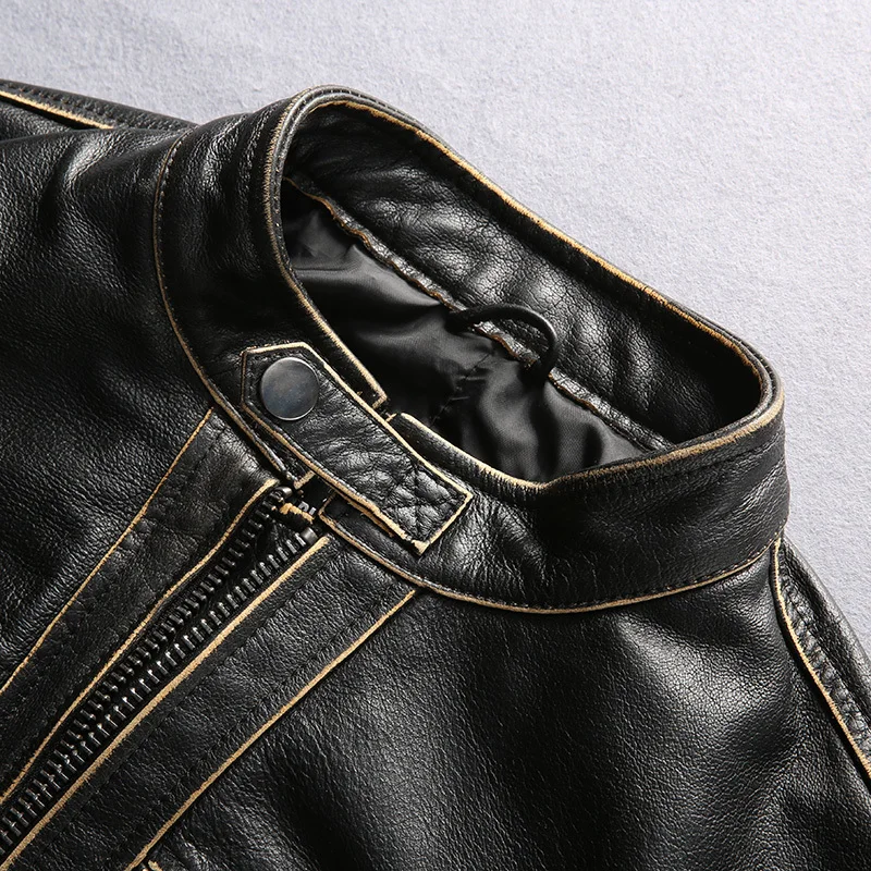 

Black 2020 Vintage Men Slim Fit Biker's Leather Jacket Large Size XXXL Genuine Cowhide Autumn American Motorcycle Leather Coat