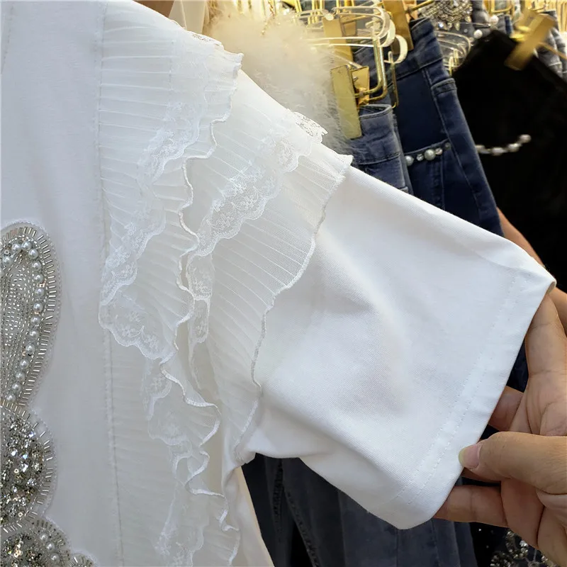 

Fashion Ruffles Temperament Short-Sleeved T-shirt Heavy Industry Beads Diamond Loose Top Female 2021 Summer Sweet Cute Tees