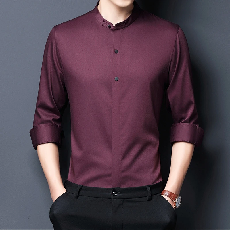 

Men Shiet Fashion Blouse Shirt Long Sleeve Business Social Shirt Solid Color Stand-up Collar Plus Size Work Blouse Male Clothes