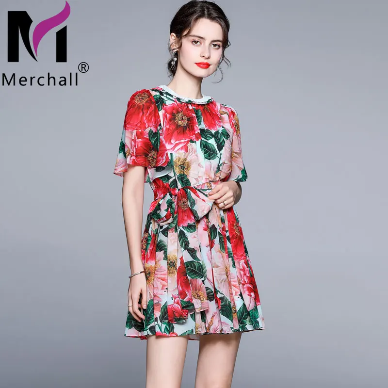 

Merchall 2021 New Summer Holiday Retro Chiffon Bow Sashes Mini Dress Woman Vintage Flower Print Short Sleeve Slim Dress M78676