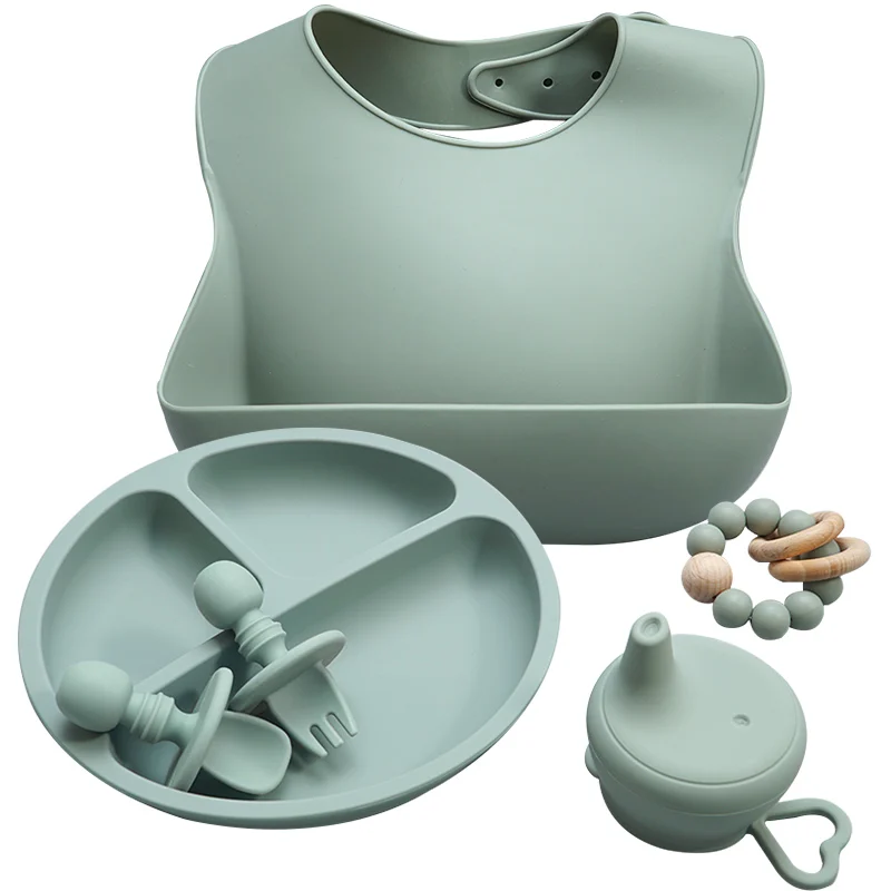 

BPA Free Food Grade Baby Silicone Tableware Bib Fork Spoon Dishes Plate Bowl Waterproof Portable Dinner Set for Child Kids