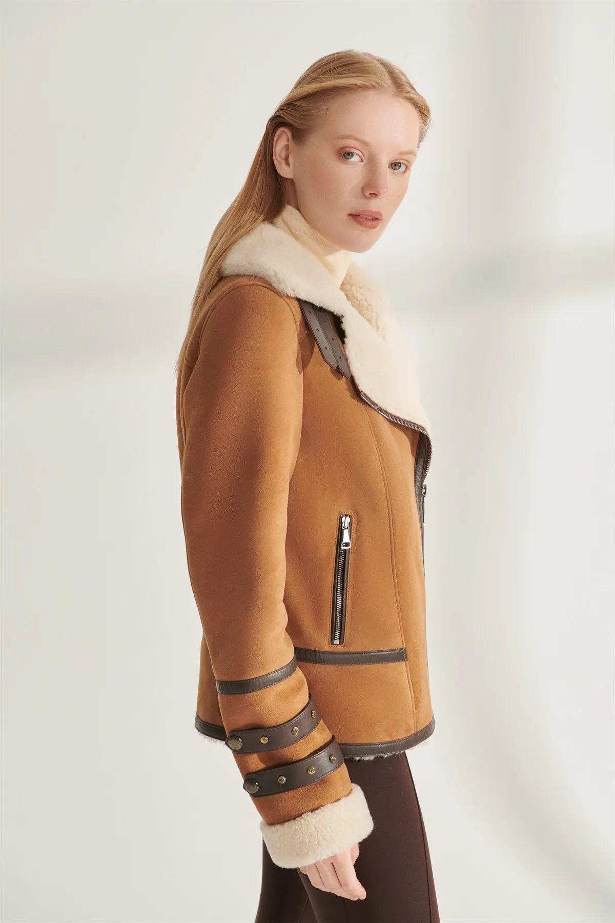 MIA Women Tan Sports Leather Jacket with Fur Winter Jackets Warm Overcoat New Year Fashion Biker Sports Parkas Turkiyede Produced