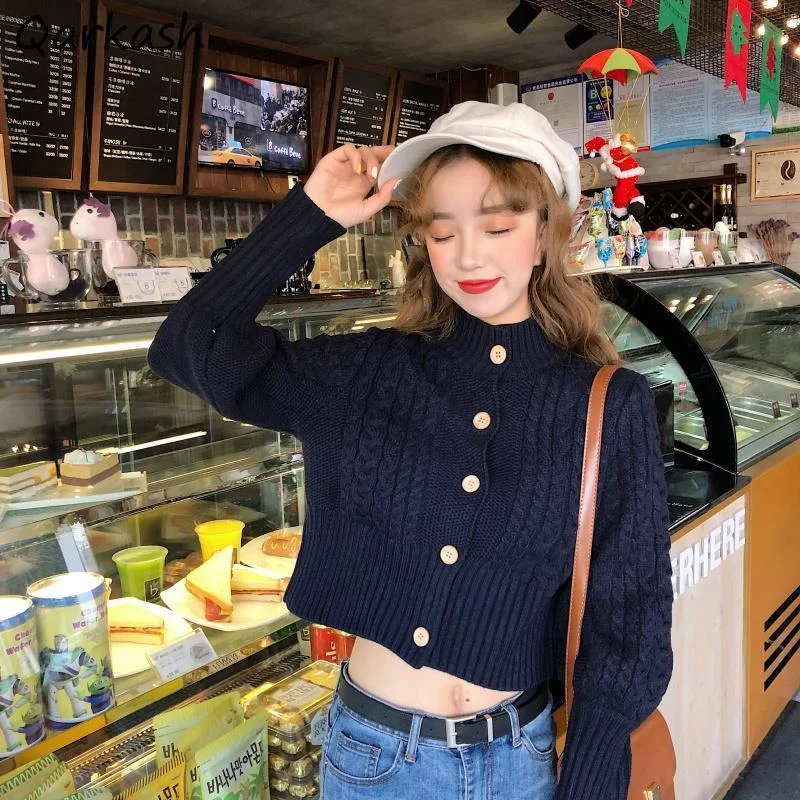 

Кардиган женский с высоким воротником, повседневный винтажный вязаный свитер, универсальный Милая укороченная кофта в стиле Харадзюку, кор...