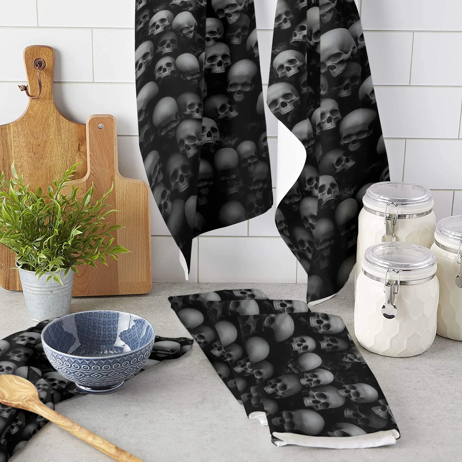 

Skull Wall Skull Horror Microfiber Kitchen Hand Towel Dish Cloth Tableware Household Cleaning Towel Utensils for Kitchen