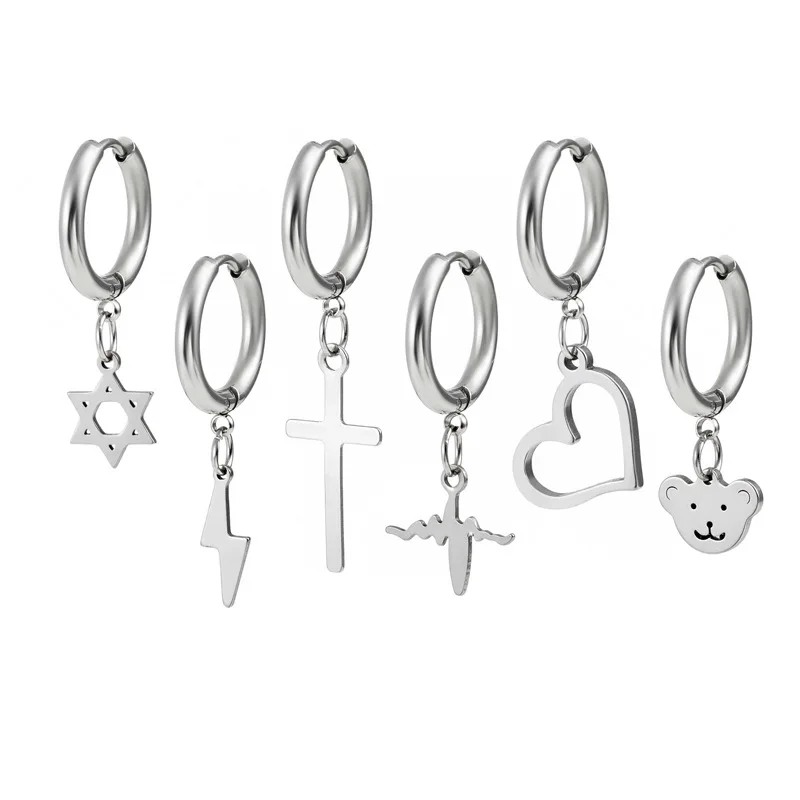 

Punk Stainless Steel Earring for Men Ear Cuff with Dangle Lightning Cross Heart Bear Hexagram Moon Star Clover Anchor Skeleton