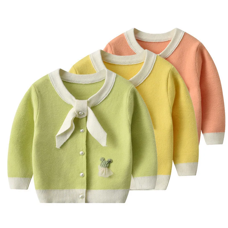 

2 3 4 5 Years Baby Girl Sweater Autumn Fashion Tie Pearl Button Knit Cardigan For Girl Child Sweater Coat Kids Clothes Tops 2020