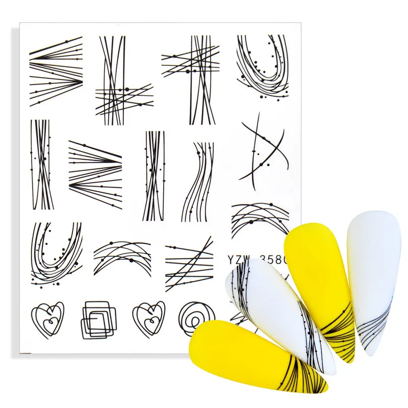 Водные Наклейки для ногтей Черные Геометрические линии простые весенние