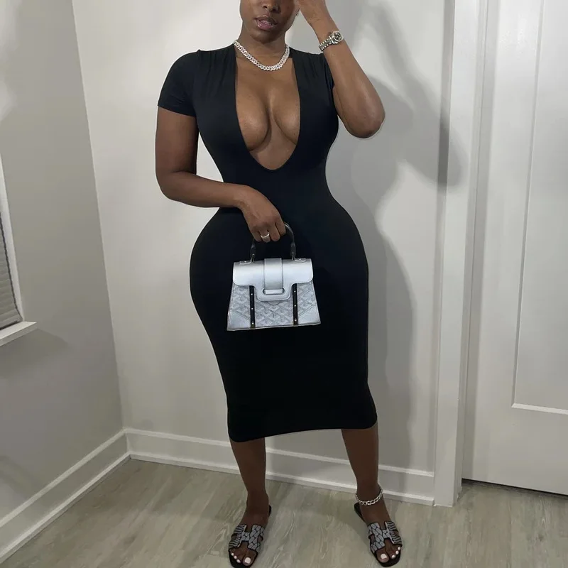 

Новинка 2022, женское модное сексуальное облегающее платье с U-образным вырезом и коротким рукавом