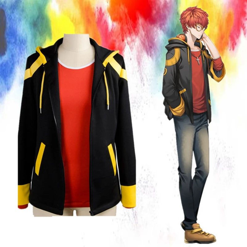 

707 Cosplay Costume Mystic Messenger Saeyoung Choi Cosplay Zipper Jacket Luciel Seven Hoodies 707 Red T-shirt Short Orange Wig