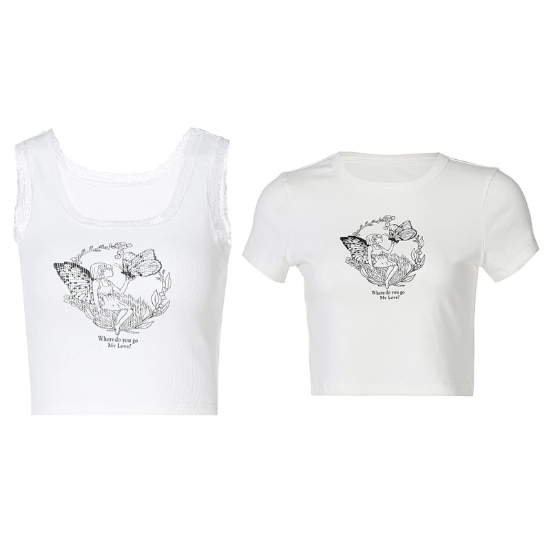 

Women Short Sleeve/Sleeveless T-Shirt Harajuku Butterfly Fairy Graphic Crop Top