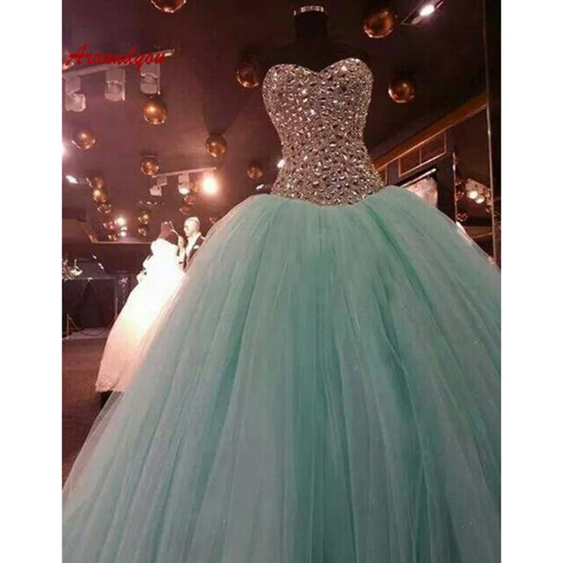 

Mint Green Quinceanera Dresses Ball Gown Luxury Crystal Tulle Sweetheart Prom Debutante Sweet 16 Dress vestidos de 15 anos