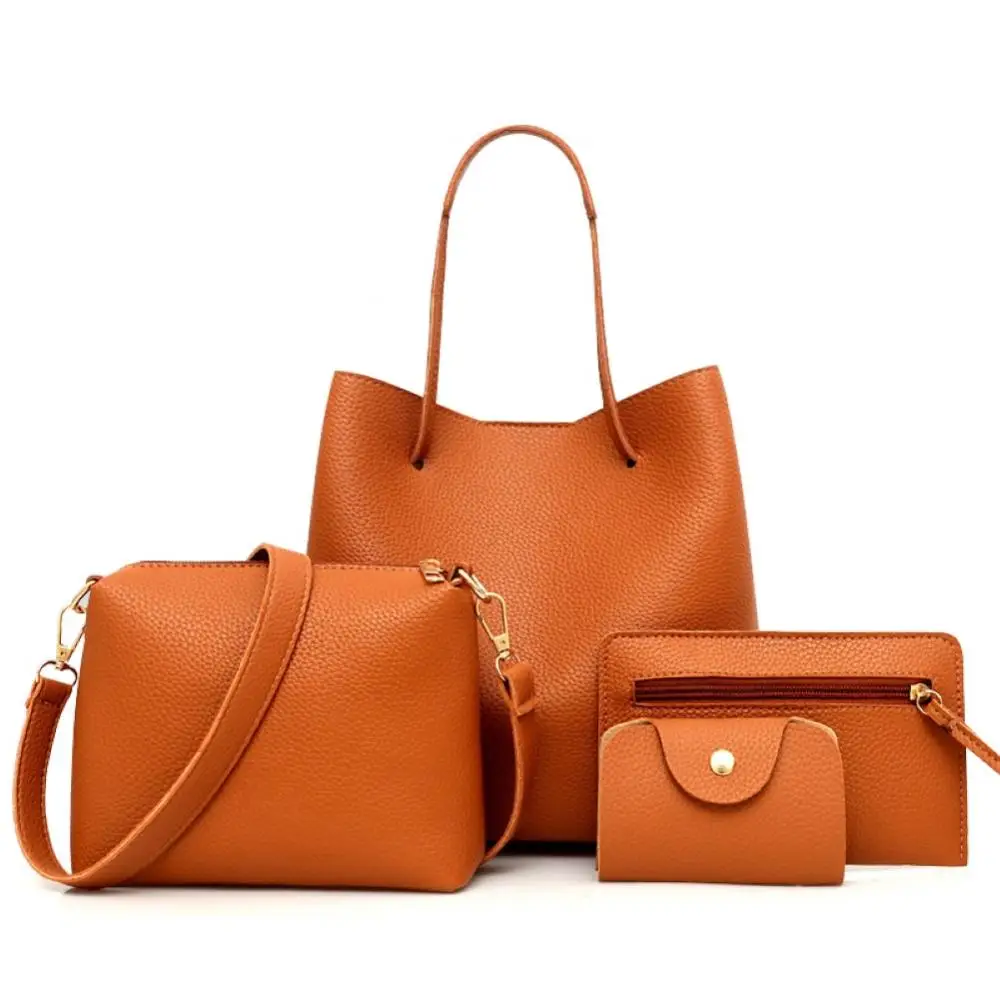 

70% Hot Sell 4Pcs Women Fashion Solid Color Soft Faux Leather Shoulder Bag Handbag Purse Set