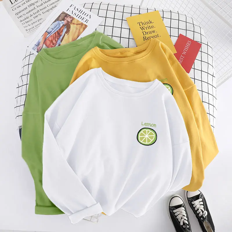 

Pure Cotton White Spring and Autumn New Long-sleeved T-shirt Female Korean Style Shirt Wild Round Neck Printing Loose Jacket
