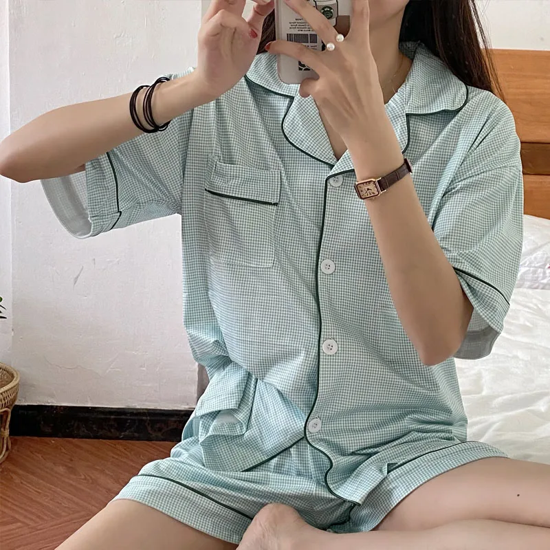 CAIYIER Women's Pajamas Suit Summer Shorts Korean Checked Print Short Sleeve Kawaii Sleepwear 2Piece Set Plaid Leisure Nightgown