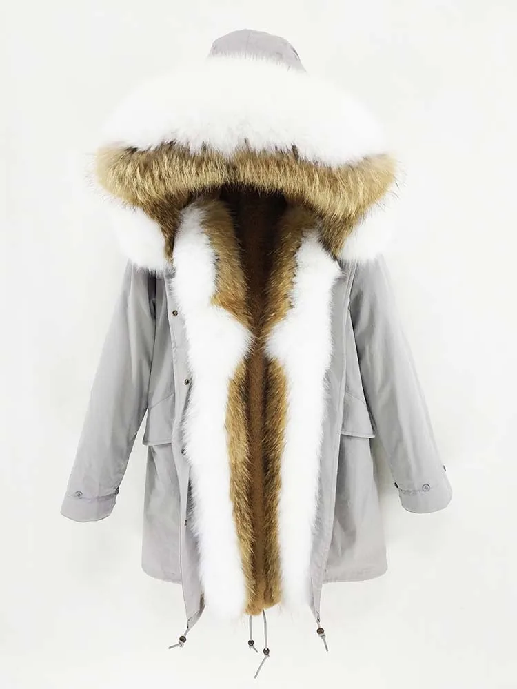 Женское теплое пальто с мехом енота длинная парка капюшоном и воротником из