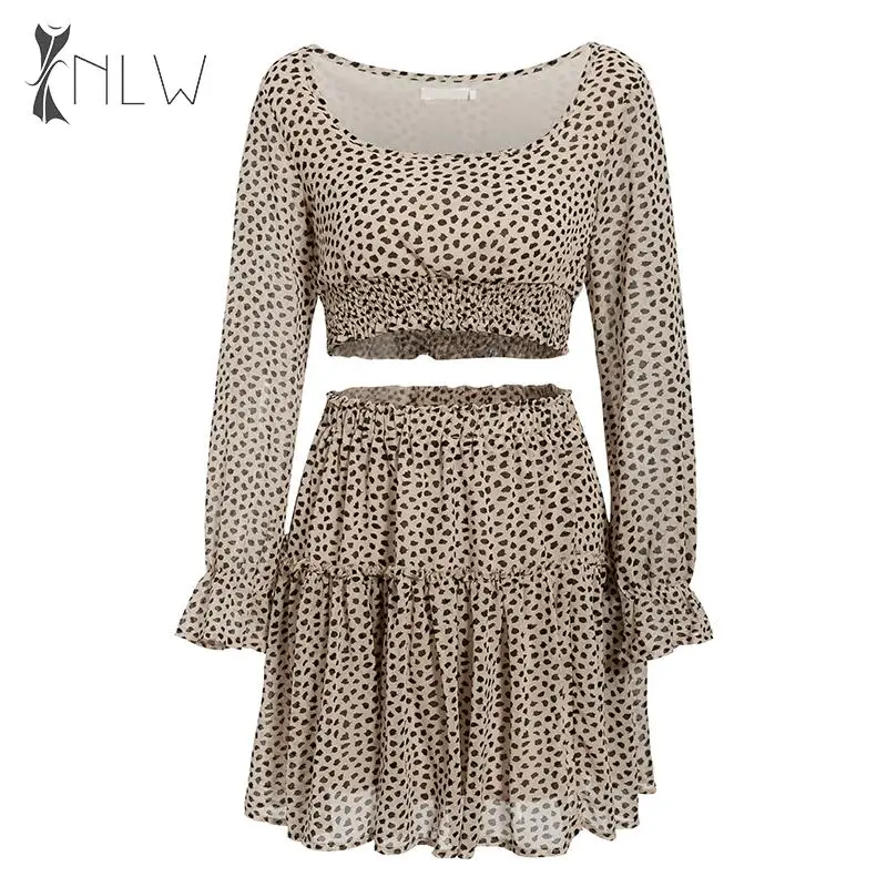NLW Leopard Print Women Skirts Sets Autumn Winter Ruffle Plus Size Long Sleeve Crop Top High Waist Fashion Skirt Suits | Женская одежда