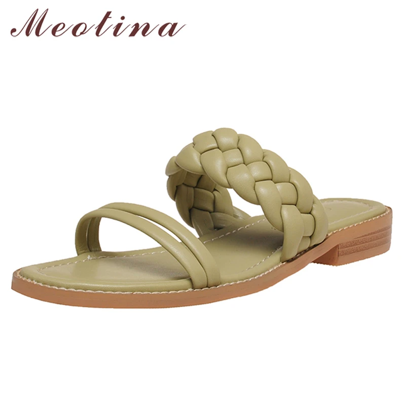 

Meotina Slippers Women Shoes Flat Slides Narrow Band Sandals Round Toe Ladies Footwear Summer Green White Beach Shoes 2021 New