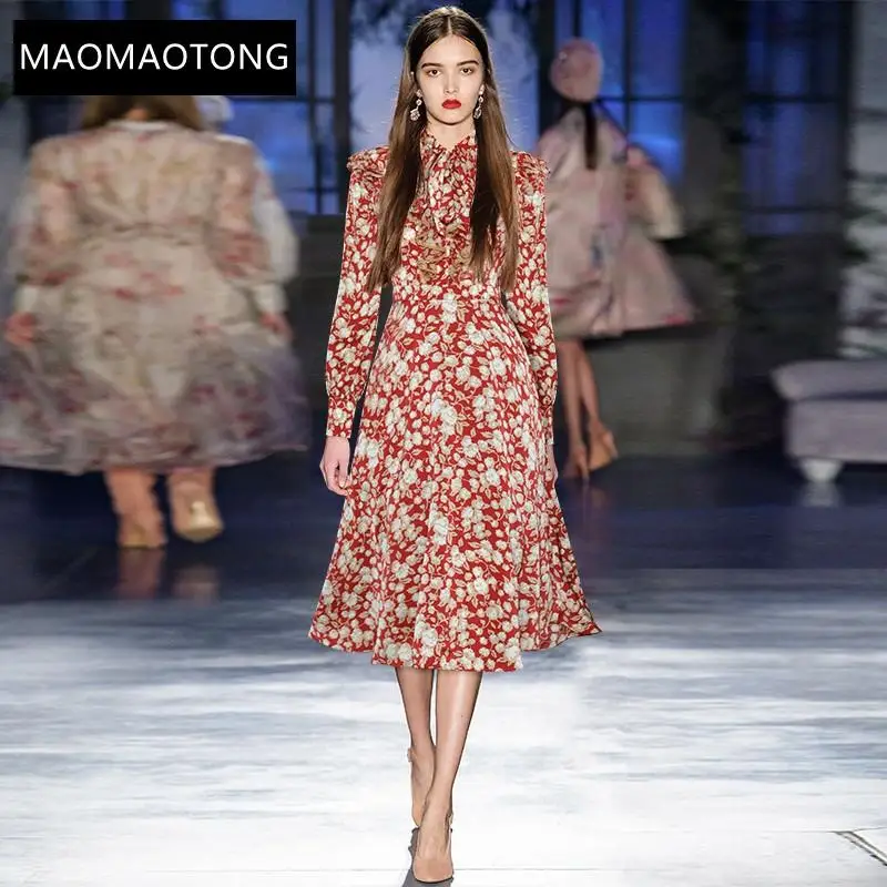 

Women's Clothing Fashion Designer Dress Spring Women's Dress Bow Collar Long Sleeve Ruffles French Romance Floral Print Dresses