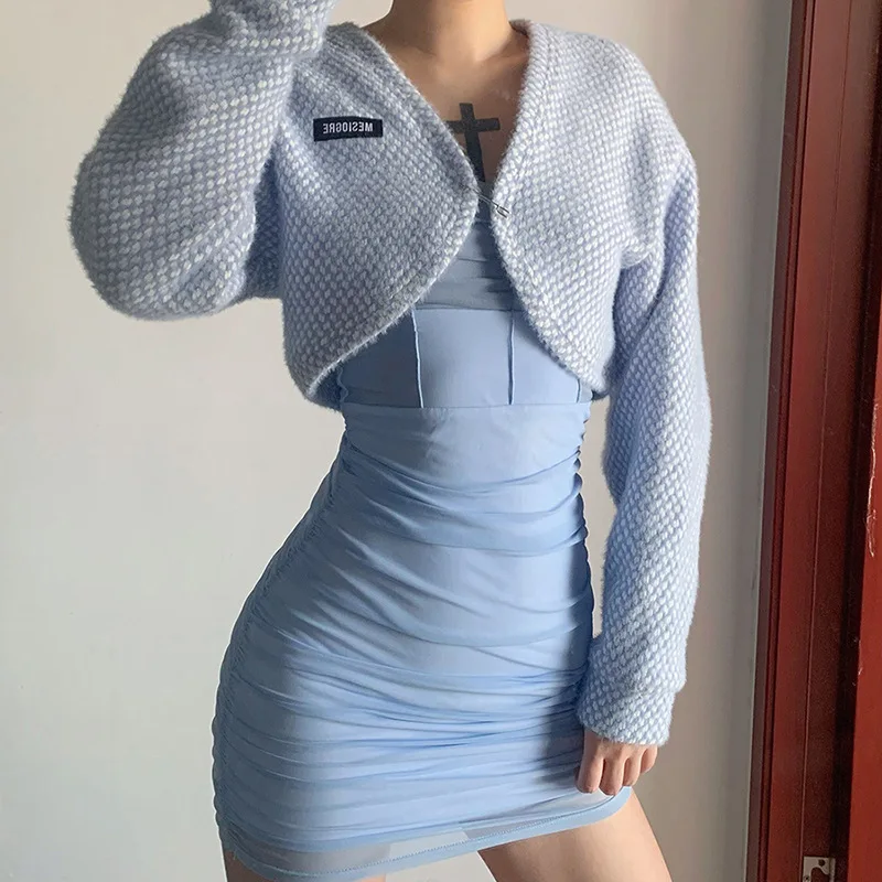 

2021 Women's Sweater Fluffy Jumper Long Sleeve Slash Neck Ladies Warm Autumn Winter Pullover Color Blue Short Tops