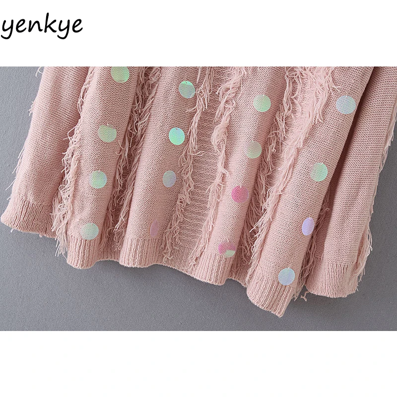 2019 Women Lazy-Style Sequin Knitted Sweater Female Round Neck Long Sleeve Tassel Pullover Autumn Plus Size jumper | Женская одежда