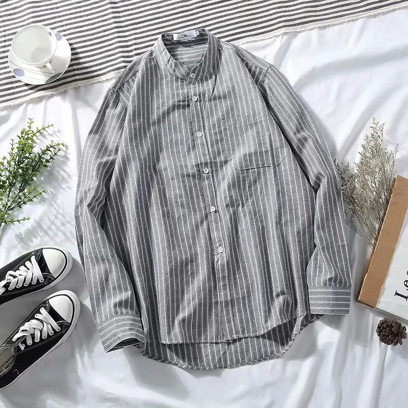 2020 Men Oversized Cotton Striped Blouse Shirt Long Sleeve Single Breasted Vintage T Homme Couple Korean Harajuku Clothing | Мужская