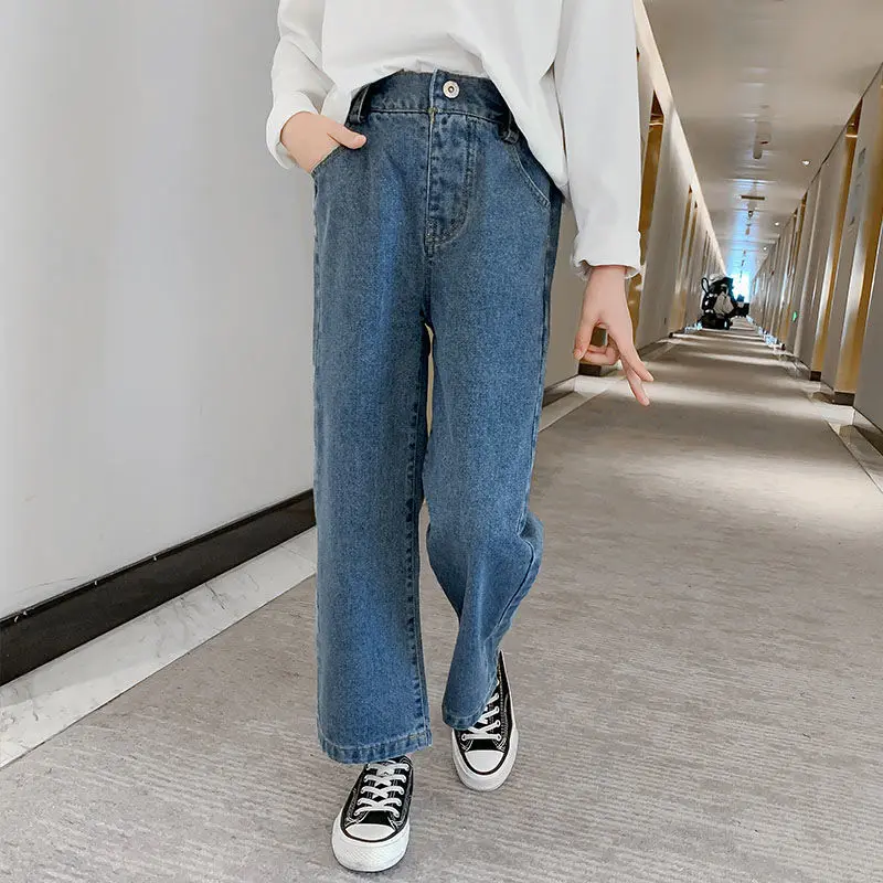 

Kids Jeans for Girls Autumn Denim Pants Teenage Loose Jeans for Girls Wide Leg Pants 6 8 12 Year Elastic Waist Children Trousers