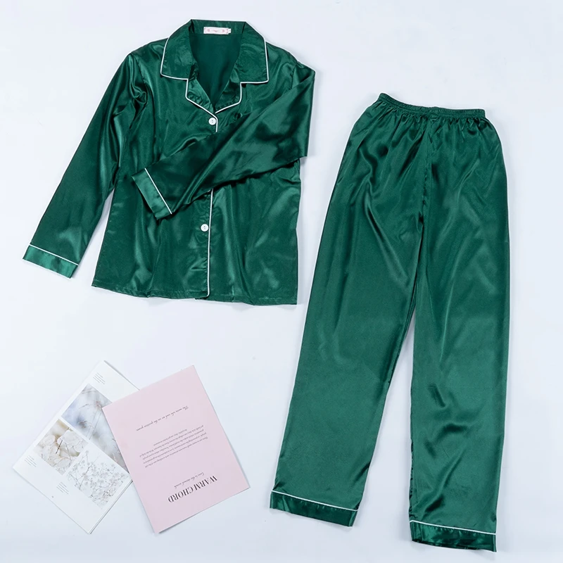 

2 Pieces Faux Silk Satin Pajamas Set Autumn Women Silky Skin Friendly Nightwear Simple Comfortable Home Long Sleeve Clothes