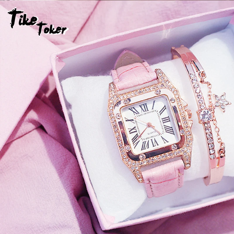

Tike Toker 2021 Women Diamond Watch Starry Square Dial Bracelet Watches Set Ladies Leather Band Quartz Wristwatch Female Clock